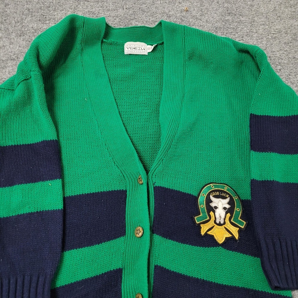 Venezia Cardigan Womens Size 14/16 Green Navy Striped Western Patch V-Neck Knit